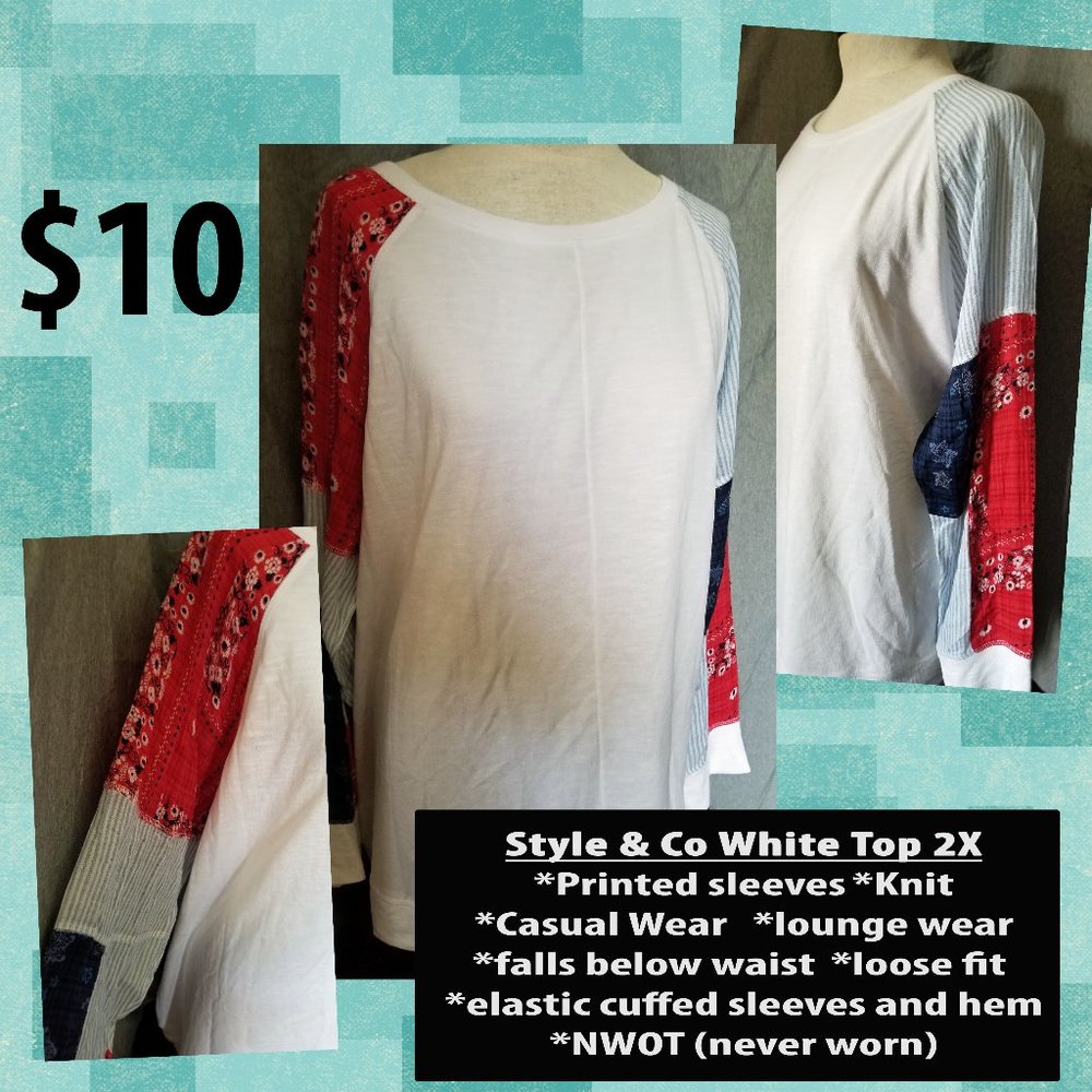 Style & Co White Top with Printed Sleeves 2X